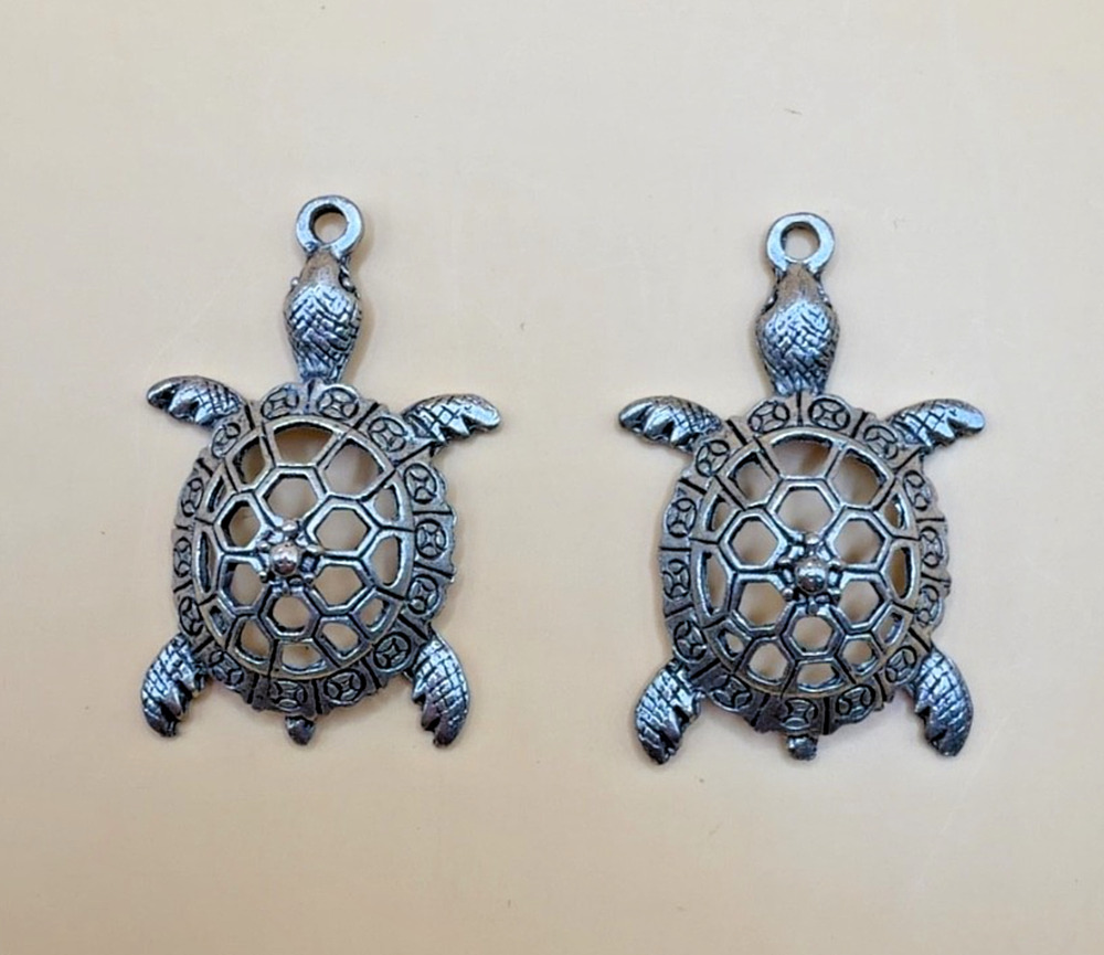 Lot of 2 Sea Turtle Pendant Charms Baby Turtle Design Silver Tone Metal